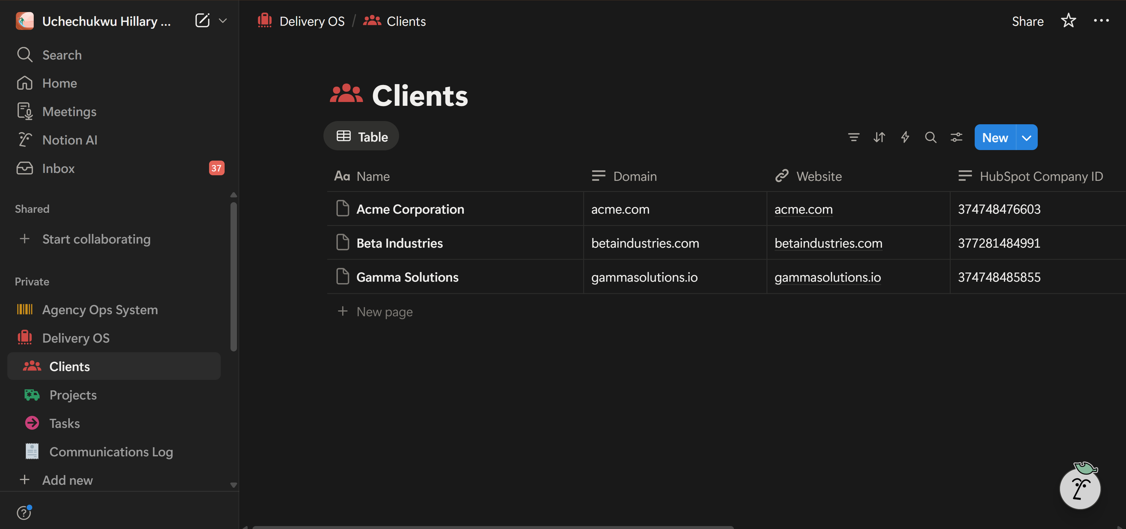 Notion Clients database